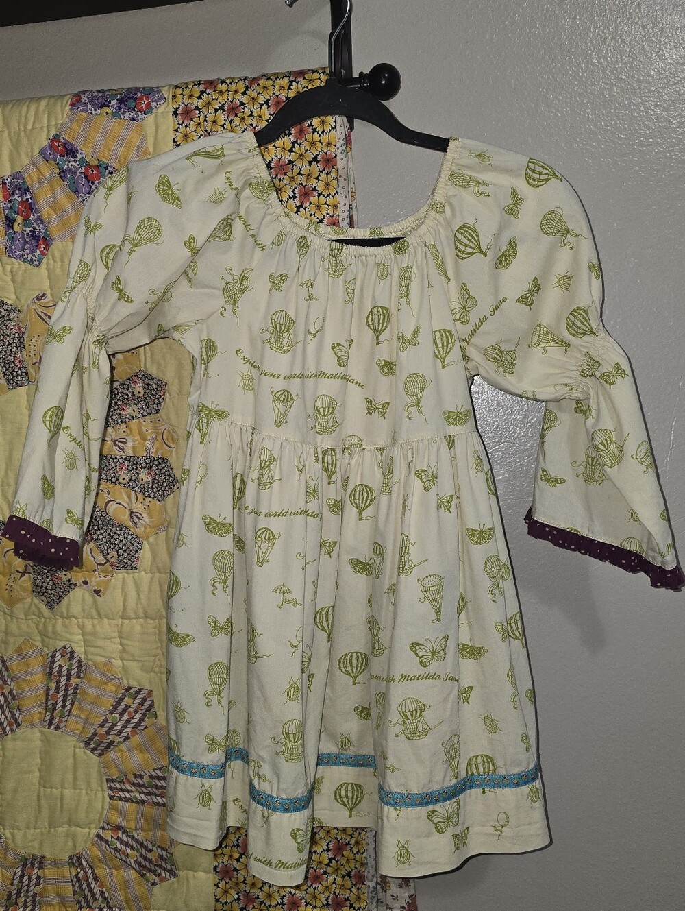 MATILDA JANE Paint By Number Girls Dress with Green Hot Air Balloon Print by